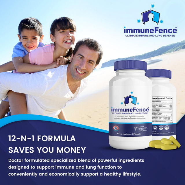 Immunefence 12-In-1 Extensive Immune and Lung Function Booster Supplement, Powerful Patented Blend of Selenium, L-Glutathione, L-Lysine, Quercetin, Vitamin C and Zinc, 60 Count