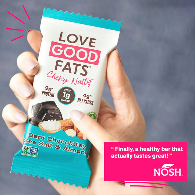 Love Good Fats Plant-Based Keto Protein Snack Bars - Dark Chocolate Sea Salt and Almonds - 13G Good Fats, 9G Protein, 4G Net Carbs, 1G Sugar, Gluten-Free, Non GMO - Dark Chocolatey Sea Salt & Almonds, 12 Pack