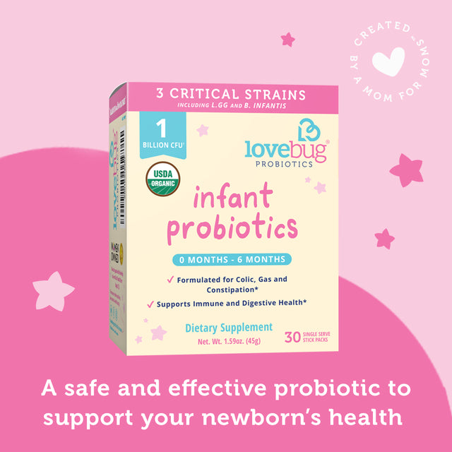 Lovebug Probiotics Organic Infant Probiotic Powder, 0-6 Months, Helps with Colic, Reflux, Diarrhea, Constipation & Gas, 30 Packets