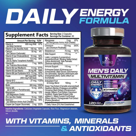 Nature'S Daily Multivitamin for Men - Mens Multivitamins Supplement, with Vitamin A, B12, C, & D, Daily Nutritional Support, Multivitamin Supplement, Non-Gmo Vitamins for Men, 60 Day Supply, 120 Count