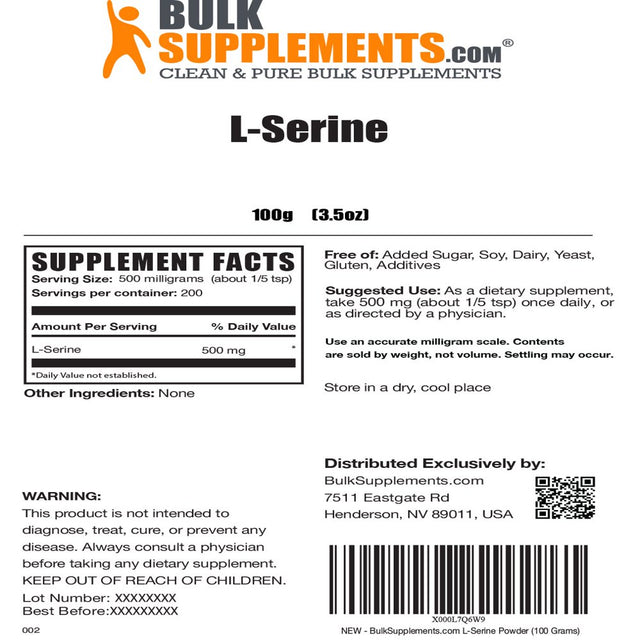 Bulksupplements.Com L-Serine Powder - Brain Booster Supplement - Mental Focus - Brain Support (100G - 200 Servings)