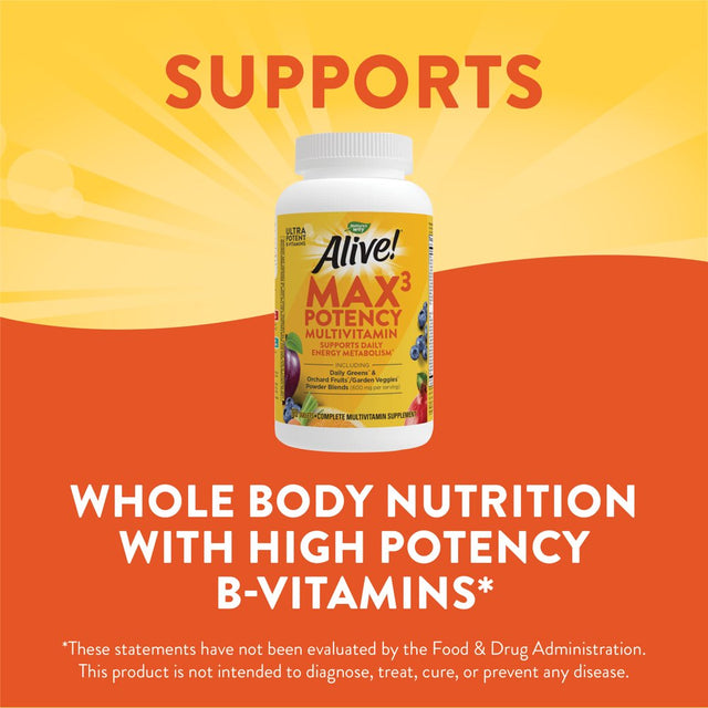 Alive! Max3 Daily Multivitamin Supplement with Iron, Max Potency, 180 Count