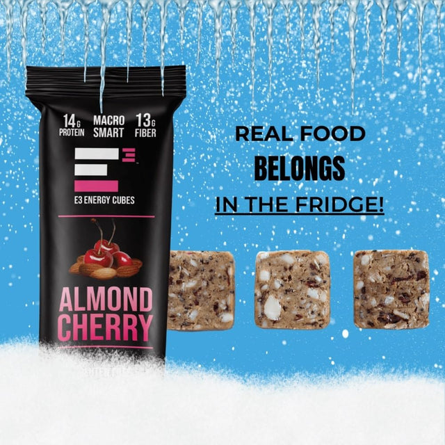 E3 Energy Cubes Almond Cherry Protein Bars, Gluten Free, Dairy Free, Soy Free, All Natural, Non-Gmo, Macro Smart, Pre-Biotic Fiber (Box of 12)