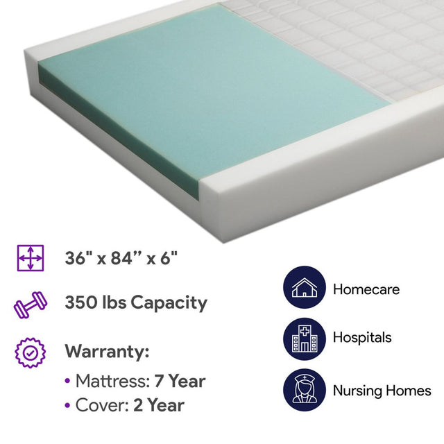 Proheal Memory Foam Pressure Redistribution Hospital Bed Mattress - 36" X 84" X 6"