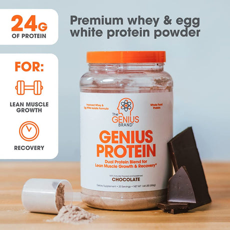 Whey Protein Powder for Lean Muscle Growth & Recovery - Dual Protein Blend Egg White Isolate, Chocolate, Genius Protein by the Genius Brand