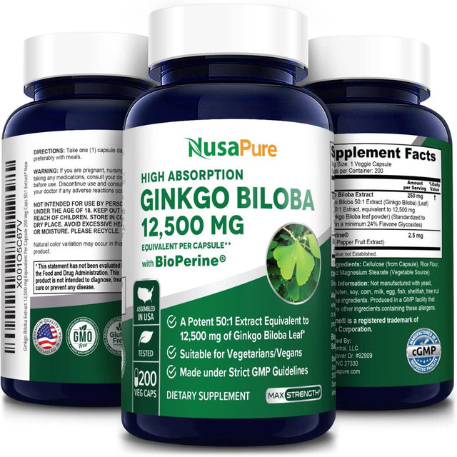 Nusapure Ginkgo Biloba Extract: 12,500Mg/Veggie Caps X 200 (Vegetarian, Non-Gmo, Gluten-Free & 50:1 Extract) with Bioperine, Dietary Supplement for Unisex Adult Health & Wellness