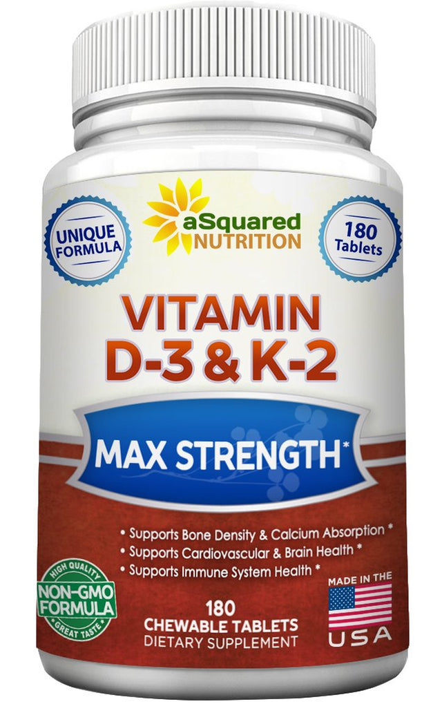 Vitamin D3 with K2 Supplement - 180 Chewable Tablets, Max Strength D-3 Cholecalciferol & K-2 MK7 to Support Healthy Bones, Teeth, Heart - Antioxidant D 3 & K 2 MK-7 Energy Formula for Men and Women