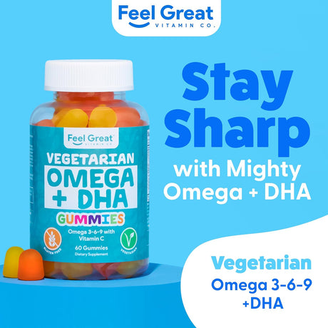 DHA & Omega Gummies for Adults by Feel Great Vitamin Co. | Vegetarian | Vitamin C, Chia, and Omega 3 6 9, Supports Brain, Immune, Prenatal Functions, (60 Count)