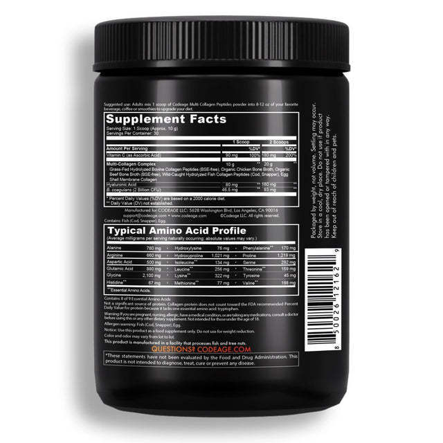 Codeage Multi Collagen Peptides + Probiotics Black Edition, Vitamin C, Hyaluronic Acid, 10.58 Oz