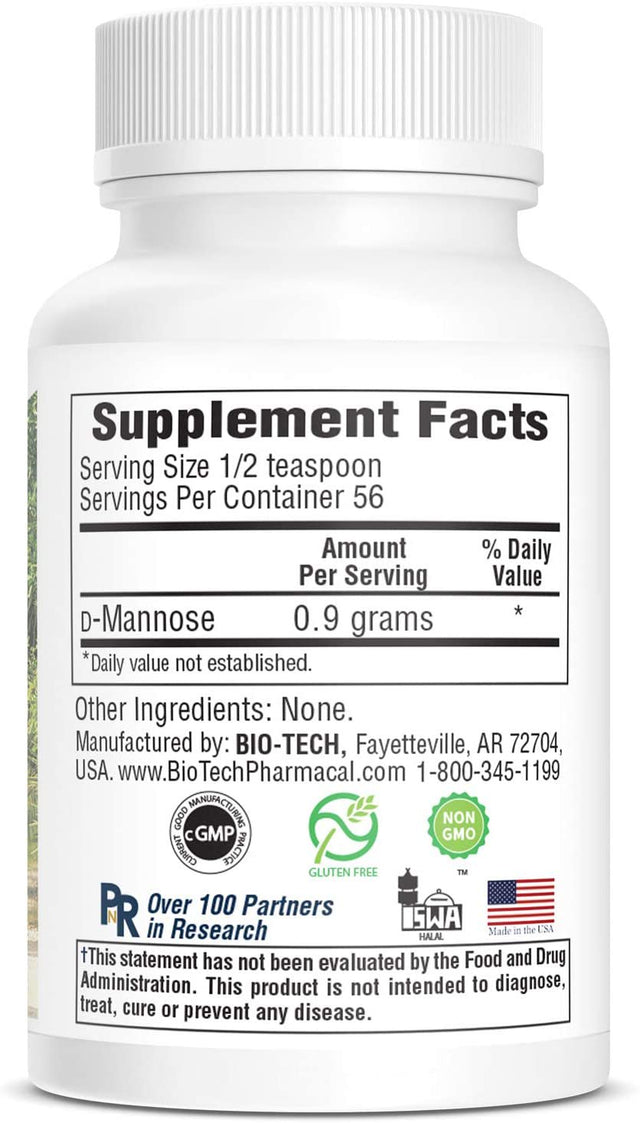 Bio-Tech Pharmacal D-Mannose, 50 Gm Powder – All-Natural Supplement – Supports Healthy Function of Bladder and Urinary Tract – No Dairy, Fish, Gluten, Peanut, Shellfish, & Soy