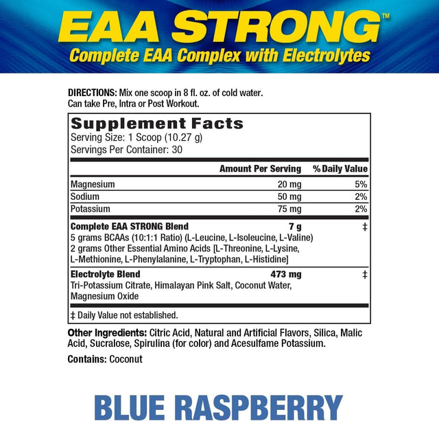 Maximum Human Performance Mhp Eaa Strong, Amino Acid Supplements, All 9 Essential Amino Acids, Bcaas, Electrolytes, Blue Raspberry, 1.2 Pound