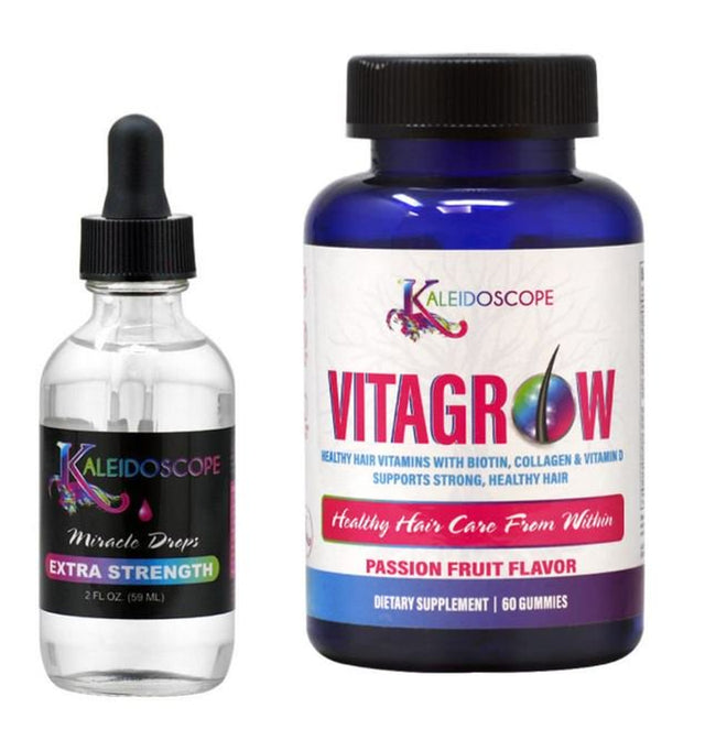 Kaleidoscope Extra Strength Miracle Drops Hair Growth 2Oz & Kaleidoscope Vitagrow Healthy Hair Vitamins 60 Gummies