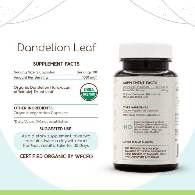 Dandelion Leaf 60 Capsules, 500 Mg, Organic Dandelion (Taraxacum Officinale) Dried Leaf