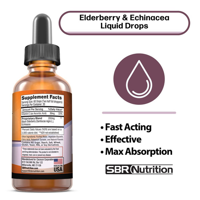 Elderberry and Echinacea with Vitamin C, Immune Support Liquid Drops Vegan Dietary Supplement for Adults, Organic Sambucus Extract Immune System Booster, 2 Oz (60 Ml)