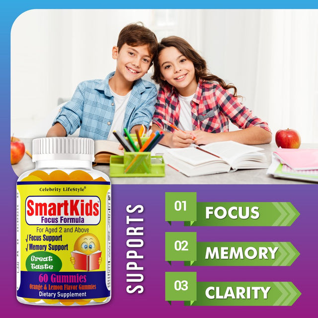 Smartkids Brain Booster Focus Gummies for Kids & Teens, Brain Supplement Gummy Vitamins for Kids Brain Focus Chewable DHA and EPA Omega 3 Vitamin Gummies, Kids Memory Vitamins (1 Bottle) 60 Gummies