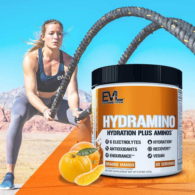 Evlution Nutrition HYDRAMINO Complete Hydration Multiplier, All 6 Electrolytes, Vitamin C & B, Fluid Boosting Aminos, Coconut Water, Endurance, Recovery, Antioxidants, 30 Serve, Orange Mango