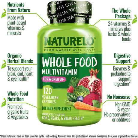 NATURELO Whole Food Multivitamin for Women 50+ (Iron Free) with Vitamins, Minerals, & Organic Extracts - Supplement for Post Menopausal Women over 50 - No GMO - 120 Vegan Capsules