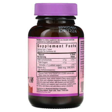 Bluebonnet Earthsweet Chewables Cellular Active Methylcobalamin Vitamin B-12 5000 Mcg Raspberry 60 Tablets