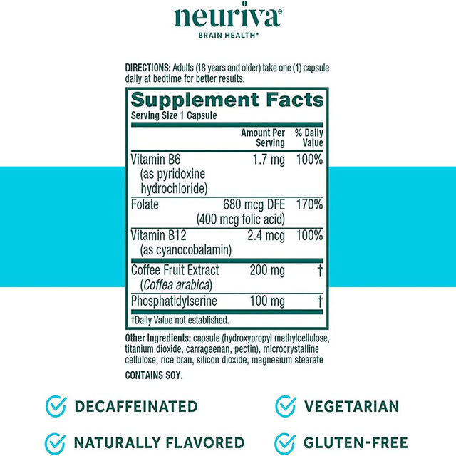 NEURIVA plus Brain Supplement for Memory, Focus & Concentration + Cognative Function with Vitamins B6 & B12 and Clinically Tested Nootropics Phosphatidylserine and Neurofactor, 30Ct Capsules