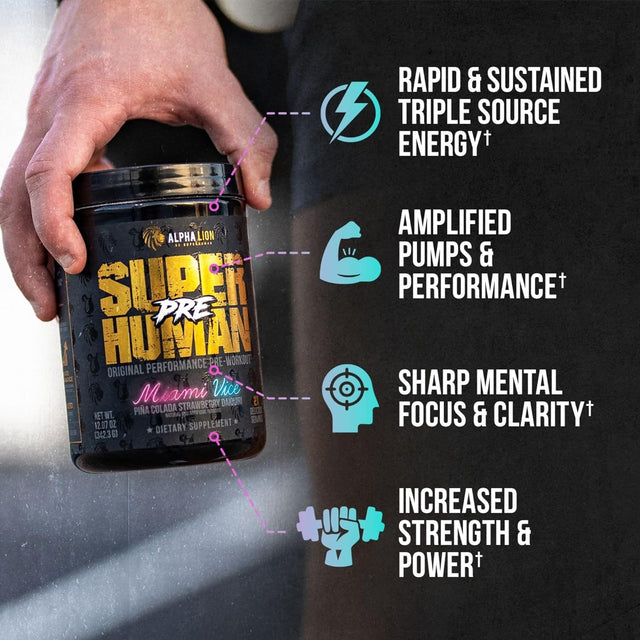 ALPHA LION Superhuman Pre Workout Powder, Beta Alanine, L-Taurine & Tri-Source Caffeine for Sustained Energy & Focus, Nitric Oxide & Citrulline for Pump (21 Servings, Miami Vice)