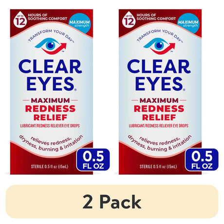 (2 Pack) Clear Eyes Maximum Redness Eye Relief Lubricant Eye Drops, 0.5 Fl Oz