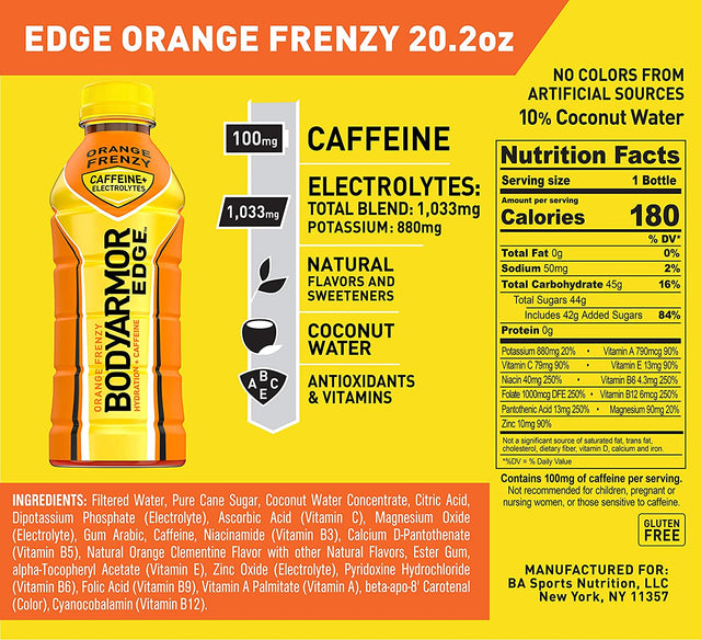 BODYARMOR EDGE Sports Drink with Caffeine, Orange Frenzy, Potassium-Packed Electrolytes, Caffeine Boost, Natural Flavors with Vitamins, Perfect for Athletes 20.2 Fl Oz (Pack of 12)