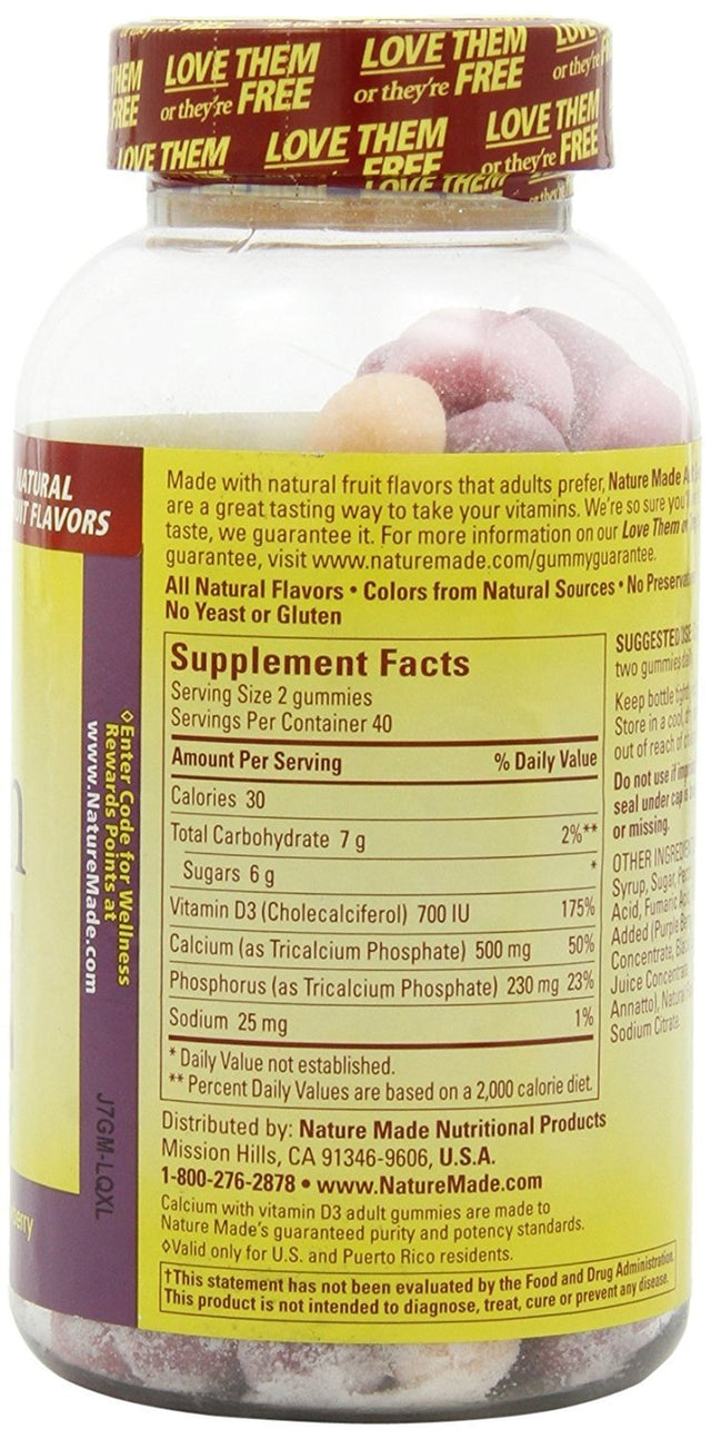 Nature Made Calcium W. D3 Adult Gummies (500 Mg of Calcium & 700 IU of Vitamin D per Serving) 80 Ct