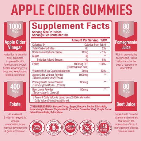 Purely Optimal Premium Apple Cider Vinegar Gummies - Cleanse & Weight Management W/Vitamin B12, Folate, Beet Juice, Pomegranate Juice - 60 Gluten-Free Gummies