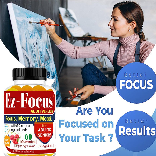 Ez-Focus Brain Booster Gummies for Adults & Seniors, Brain Focus Chewable, Focus, Memory, Mood Nootropics Brain Support 60 Count