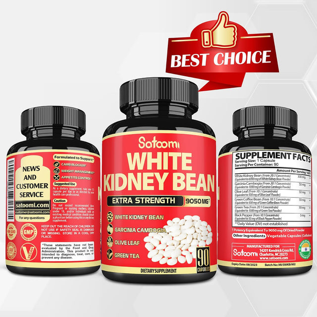 Pure White Kidney Bean Extract Capsules - 6 Herbal Ingredients 9050 Mg Equivalent - Support Carb Management, Starch Blocking with Coffee Bean & Green Tea - 90 Vegan Capsules for 3 Months