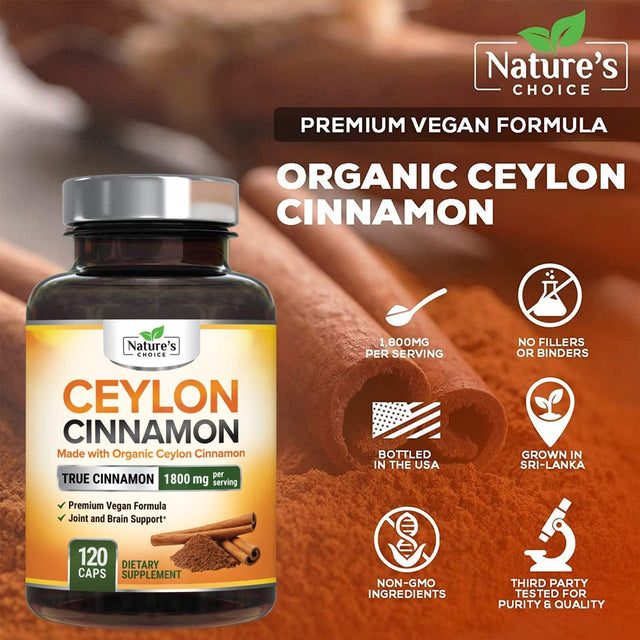 Ceylon Cinnamon Capsules - Certified Organic Cinnamon Pills, Non-Gmo, Dairy & Gluten Free, Sri Lanka Cinnamon Powder Supplement, Vegan True Cinnamomum Vitamins, Sugar Free, 120 Count Cinnamon Capsules