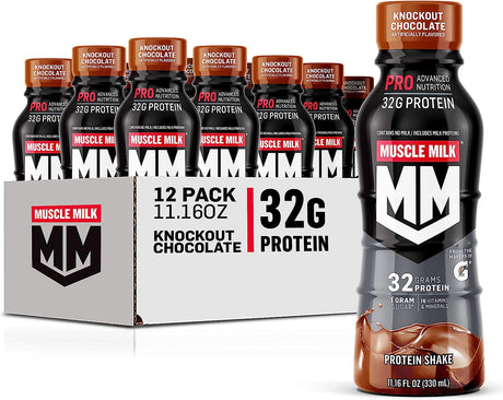 Muscle Milk Pro Advanced Nutrition Protein Shake, Knockout Chocolate, 11.16 Fl Oz (Pack of 12), 32G Protein, 1G Sugar, 16 Vitamins & Minerals, 5G Fiber, Workout Recovery, Energizing Snack, Packaging May Vary