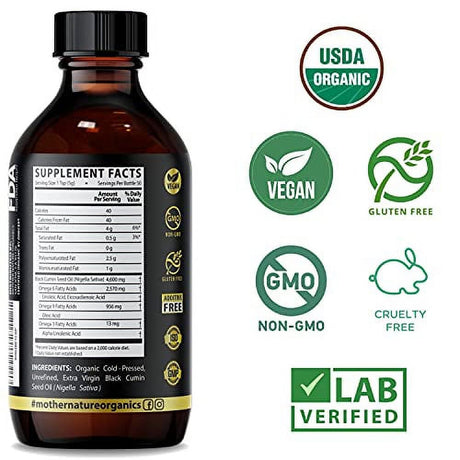 Mother Nature Organics Black Seed Oil - Organic Cold-Pressed Cumin Nigella Sativa for Immunity, Digestion, Joint Health & More - Non-Gmo Blackseed Oil, High Thymoquinon - Omega 3, 6, 9 - (8 Oz.)