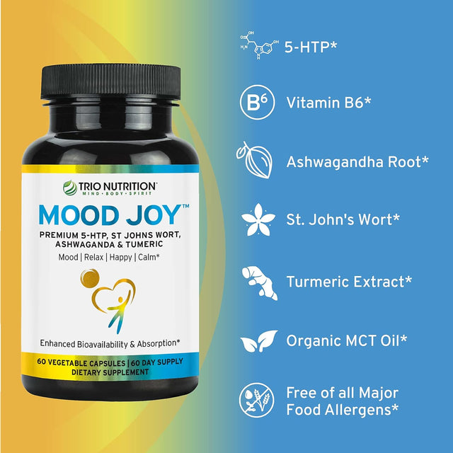 Trio Mood Joy | Premium 5-HTP, St Johns Wort, Ashwagandha & Turmeric | Ashwagandha Capsules to Promote Natural Calm & Relaxed Mood* | Mood Support Supplement* | 60 Day Supply