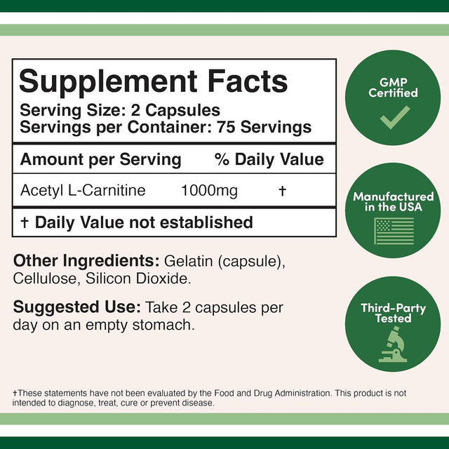 Acetyl L-Carnitine 1,000Mg per Serving, 150 Capsules (ALCAR for Brain Function Support, Memory, Attention, and Stamina) Acetyl L Carnitine That Is Manufactured and Tested in the USA by Double Wood