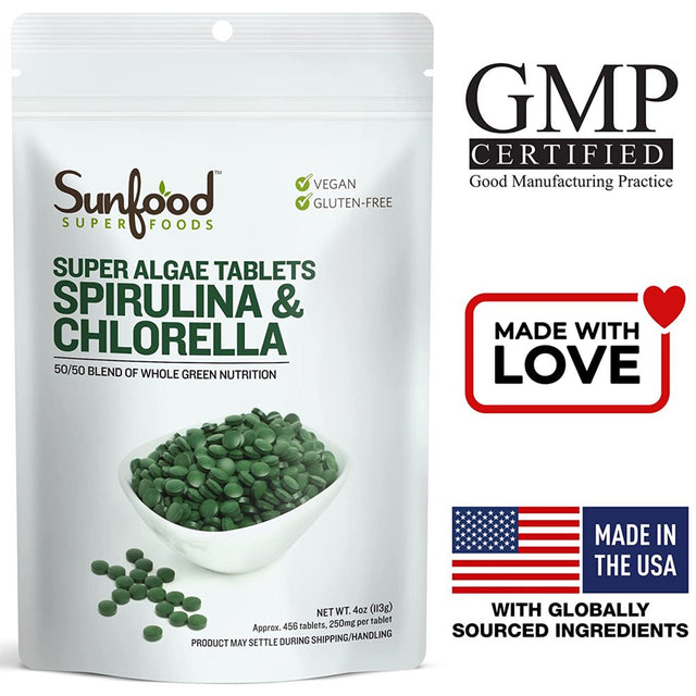 Sunfood Superfoods 2-In-1 Spirulina & Chlorella Tablets for Immune Support, 4 Oz