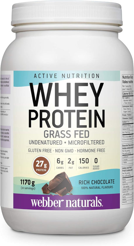 Webber Naturals Whey Protein Powder, Grass Fed, Rich Chocolate Flavour, 30 Servings, 27 G of Protein, 1170 G