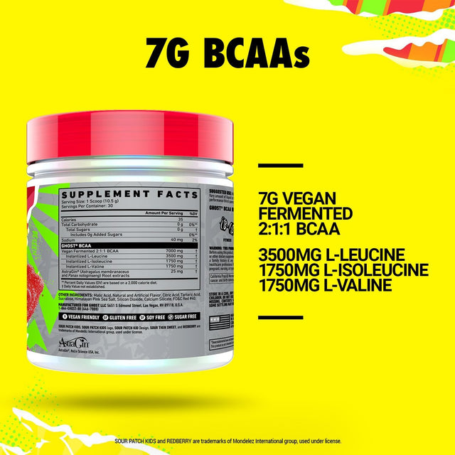 GHOST BCAA Powder Amino Acids Supplement, Sour Patch Kids Redberry - 30 Servings - Sugar-Free Intra, Post & Pre Workout Amino Powder & Recovery Drink, 7G BCAA Supports Muscle Growth