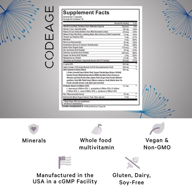 Codeage Clearface, Pantothenic Acid & Niacin, Skin Vitamins & Botanical Blend, Probiotics, 90 Ct