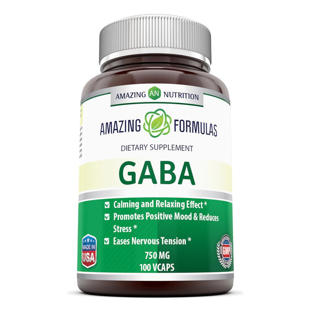 Amazing Formulas GABA 750 Mg 100 Vcaps - Calming and Relaxing Effect, Promotes Positive Mood & Reduces Stress and Eases Nervous Tension