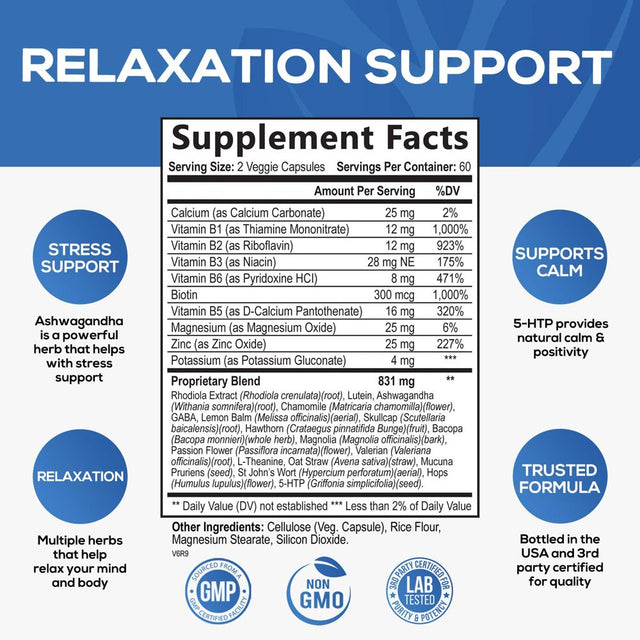 Nature'S Nutrition Calm & Stress Support Supplement - with Magnesium, Ashwagandha, 5-HTP, L-Theanine, GABA - Natural Stress & Immune Support to Relax, Focus, Unwind - Vegan & Non-Gmo - 120 Capsules