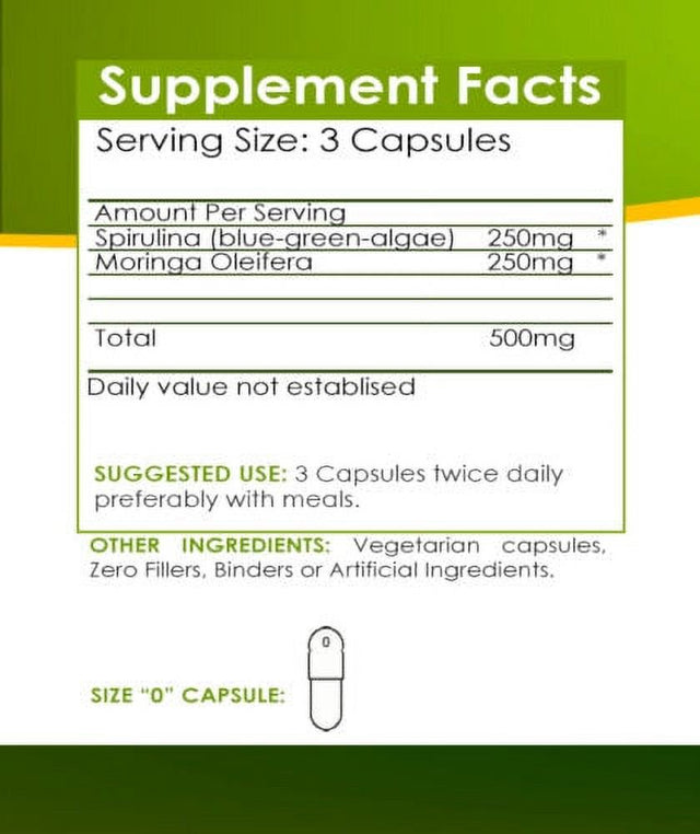 100% PURE ORGANIC SUPERFOOD - SPIRULINA & MORINGA VEEGGIE CAPSULES (500Mg)