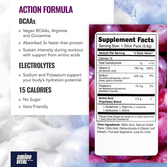 Amino Vital Action & Rapid Recovery- BCAA Amino Acids Pre and Post Workout Packets | No Caffeine, Vegan, Gluten Free | 14 Single Serve Stick Pack | Grape and Blueberry Flavor