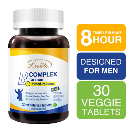 Lovita High Potent Vitamin B Complex for Men, Time Release, Premium Formula with Ginseng Extract, Lycopene, Taurine for Stress, Energy and Prostate Health, 30 Vegetarian Tablets