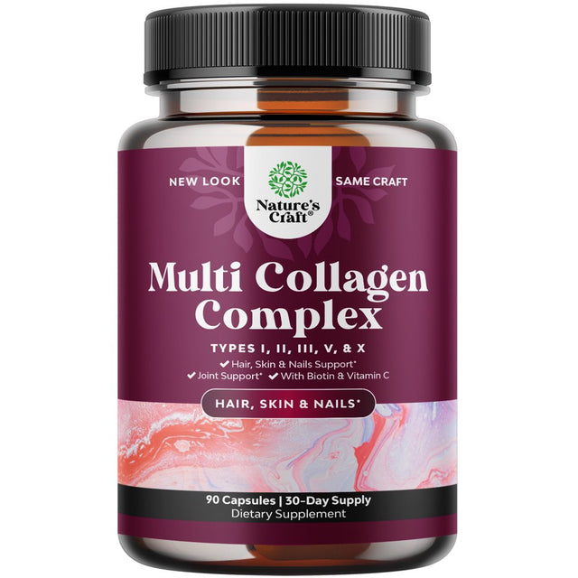 Nature'S Craft Pure Multi Collagen Complex with Biotin 5,000Mcg per Serving & Vitamin C 90Ct Capsules - Advanced Hair Skin and Nails Vitamins