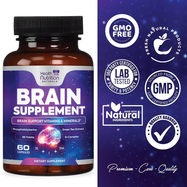 Brain Supplement for Memory and Focus - Nootropics for Concentration, Energy, Cognitive, & Mental Clarity Support, Bacopa Powder, B Vitamins, Phosphatidylserine, DMAE Brain Booster - 60 Capsules