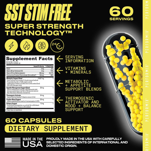 PERFORMIX - SST Stim Free - Non-Stimulant, Energy Booster, Appetite Suppressant & Metabolism Booster - Fitness Goals - Thermogenic - L-Carnitine & Ashwagandha - Pre Workout - Men & Women - 60 Capsules