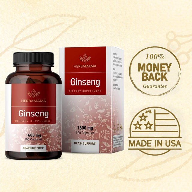 HERBAMAMA Red Ginseng Capsules - Korean Panax Extract - Energy & Brain Support, 100 Capsules