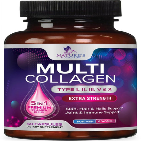 Multi Collagen Complex Pills - Type I, II, III, V, X, Grass Fed & Non-Gmo Hydrolyzed Collagen Peptides Supplement - Supports Hair, Nails, Skin & Joint Health, Gluten-Free, Paleo & Keto - 60 Capsules