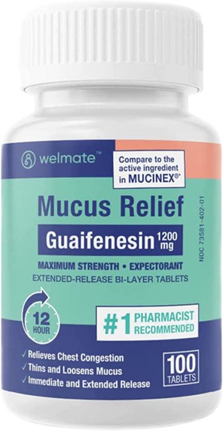 Welmate Mucus Relief - Guaifenesin 1200 Mg Maximum Strength - 100 Count Extended-Release Tablets